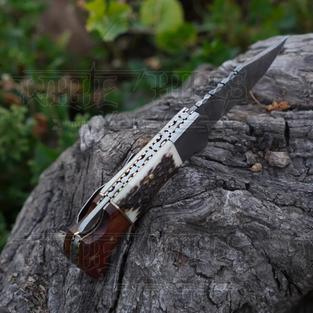 Handmade Damascus Steel Hunting Pocket Folding Knife With Clip - Camping Blade With Stag & Wood