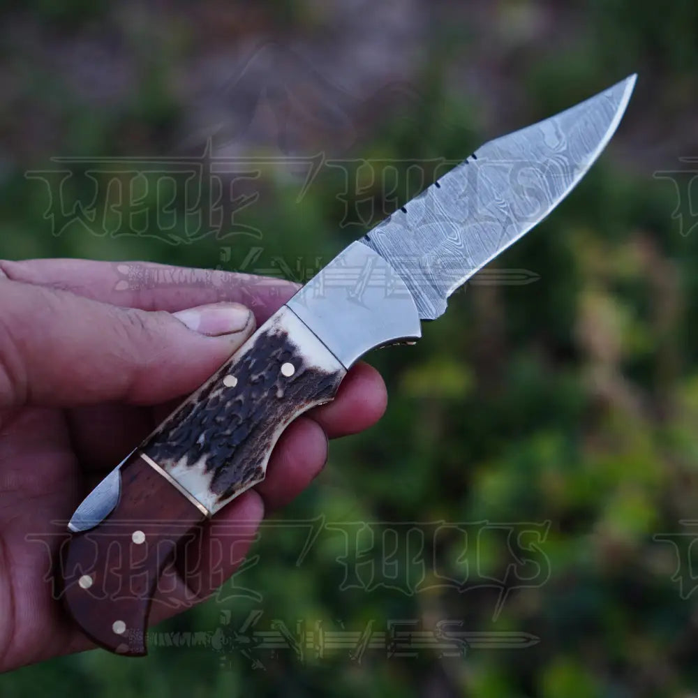 Handmade Damascus Steel Hunting Pocket Folding Knife With Clip - Camping Blade With Stag & Wood
