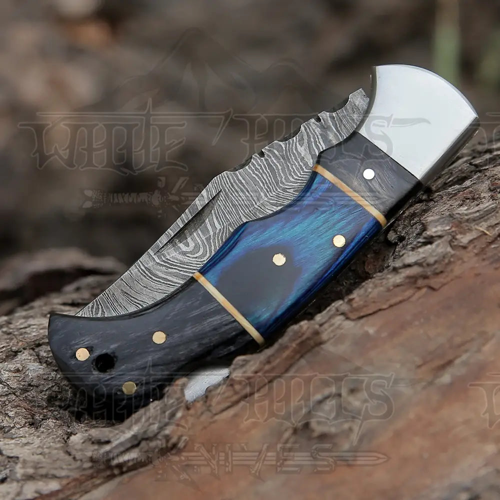 Handmade Damascus Steel Hunting Pocket Knife Camping Folding Blade With Black & Blue Dollar Sheet