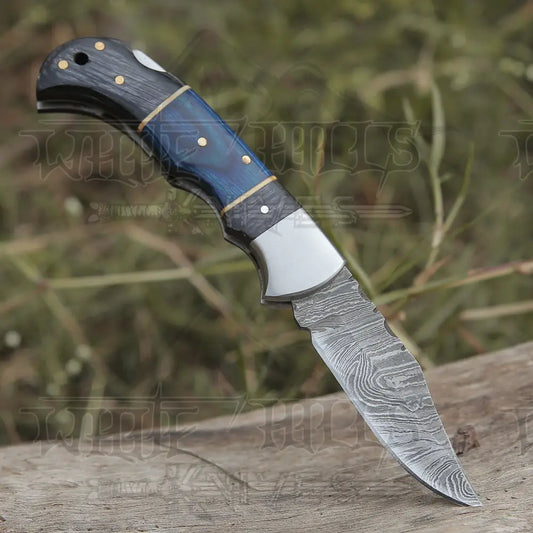 Handmade Damascus Steel Hunting Pocket Knife Camping Folding Blade With Black & Blue Dollar Sheet