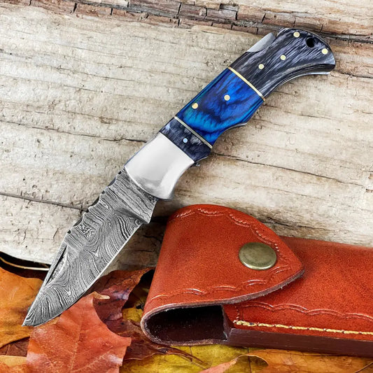 Handmade Damascus Steel Hunting Pocket Knife Camping Folding Blade With Black & Blue Wood Handle Wh