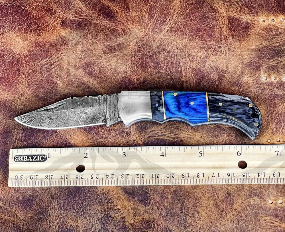 Handmade Damascus Steel Hunting Pocket Knife Camping Folding Blade With Black & Blue Wood Handle Wh
