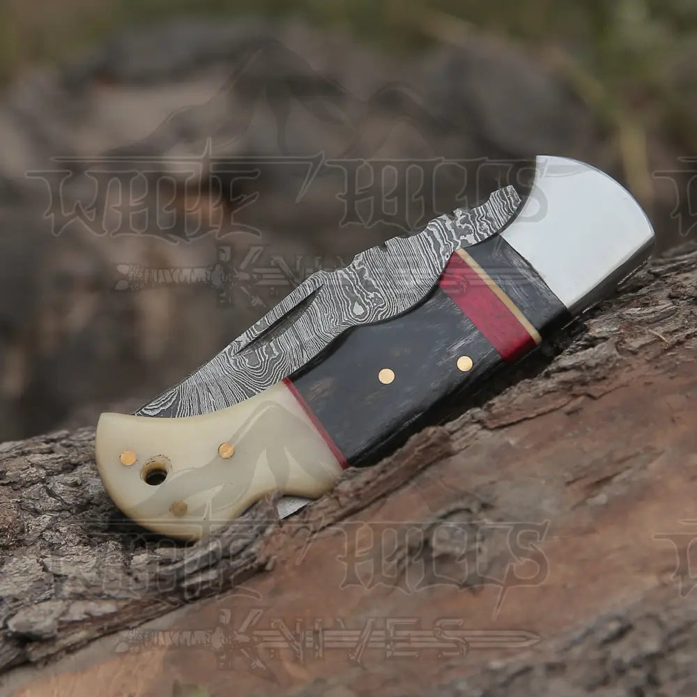 Handmade Damascus Steel Hunting Pocket Knife Camping Folding Blade With Camel Bone & Wood Handle