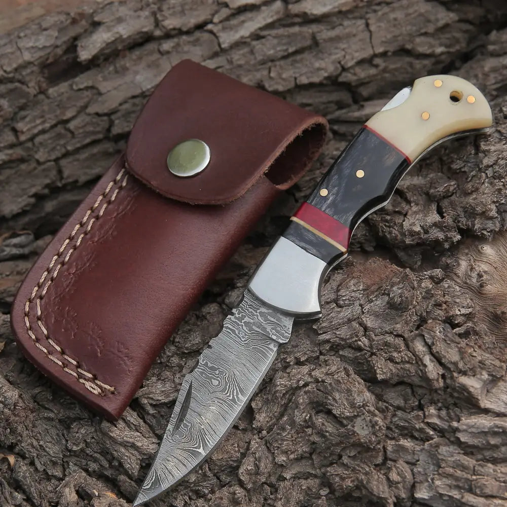  Handmade Damascus Steel Pocket Knife - Folding Knive - Damascus  Blade and Handle with Brass Fitting Leather Sheath Included Hunting Outdoor  Camping (Leaf Style Handle) : Sports & Outdoors