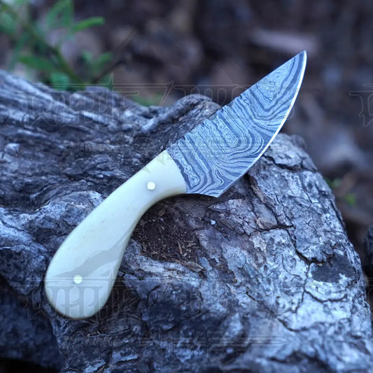 Handmade Damascus Steel Knife - Camel Bone Handle 5’ Full Tang Hunting & Camping Sk - 032 Skinner