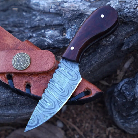Handmade Damascus Steel Knife - Rosewood Handle 5’ Full Tang Hunting & Camping Sk - 033 Skinner