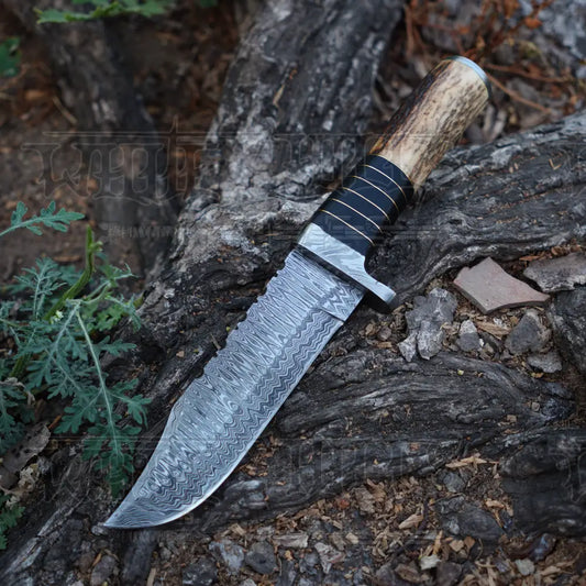 Handmade Damascus Steel Knife - Stag Antler & Wood Handle Hunting