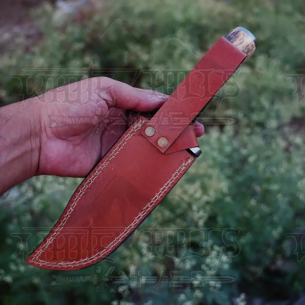 Handmade Damascus Steel Knife - Stag Antler & Wood Handle Hunting