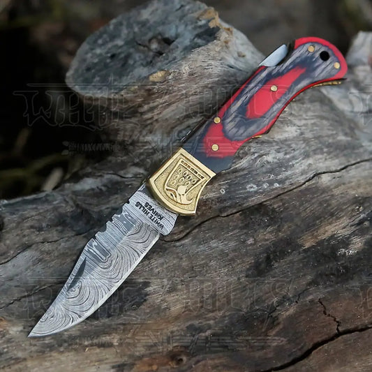 Handmade Damascus Steel Pocket Knife - Folding Knife- Stain Wood Handle With Engraved Brass Eagle
