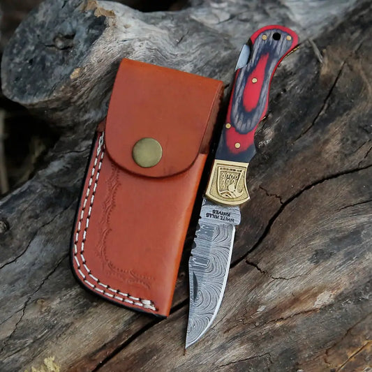 Handmade Damascus Steel Pocket Knife - Folding Knife- Stain Wood Handle With Engraved Brass Eagle