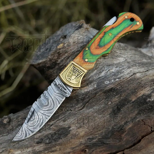 Handmade Damascus Steel Pocket Knife - Folding Knife- Stain Wood Handle With Engraved Brass Eagle