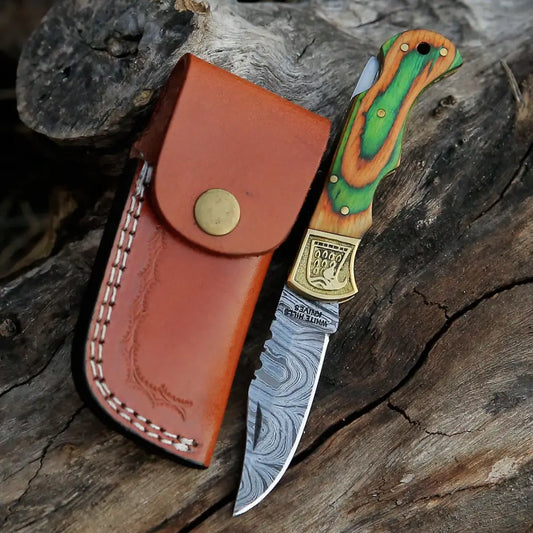 Handmade Damascus Steel Pocket Knife - Folding Knife- Stain Wood Handle With Engraved Brass Eagle