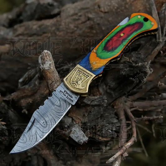 Handmade Damascus Steel Pocket Knife - Folding Knife- Stain Wood Handle With Engraved Brass Eagle