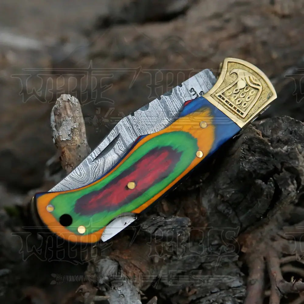 Handmade Damascus Steel Pocket Knife - Folding Knife- Stain Wood Handle With Engraved Brass Eagle