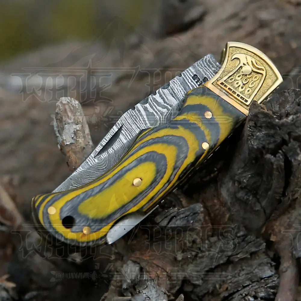 Handmade Damascus Steel Pocket Knife - Folding Knife- Stain Wood Handle With Engraved Brass Eagle