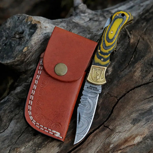 Handmade Damascus Steel Pocket Knife - Folding Knife- Stain Wood Handle With Engraved Brass Eagle