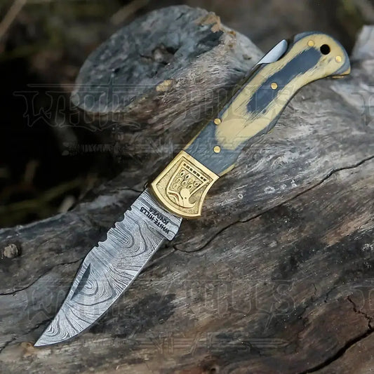 Handmade Damascus Steel Pocket Knife - Folding Knife- Stain Wood Handle With Engraved Brass Eagle