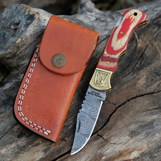 Handmade Damascus Steel Pocket Knife - Folding Knife- Stain Wood Handle With Engraved Brass Eagle