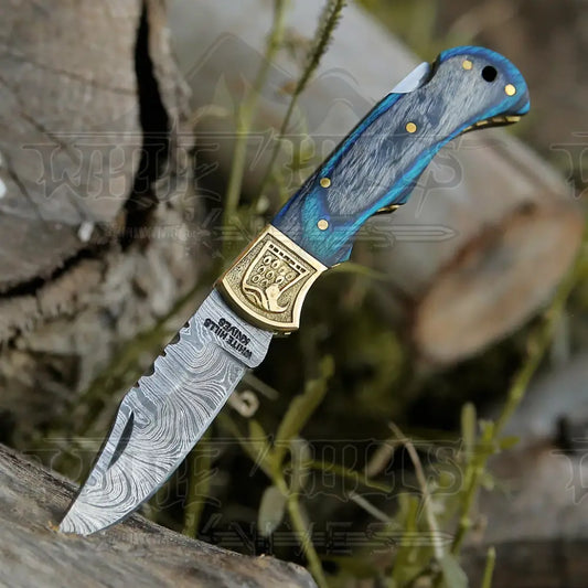 Handmade Damascus Steel Pocket Knife - Folding Knife- Stain Wood Handle With Engraved Brass Eagle
