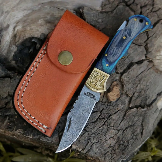 Handmade Damascus Steel Pocket Knife - Folding Knife- Stain Wood Handle With Engraved Brass Eagle