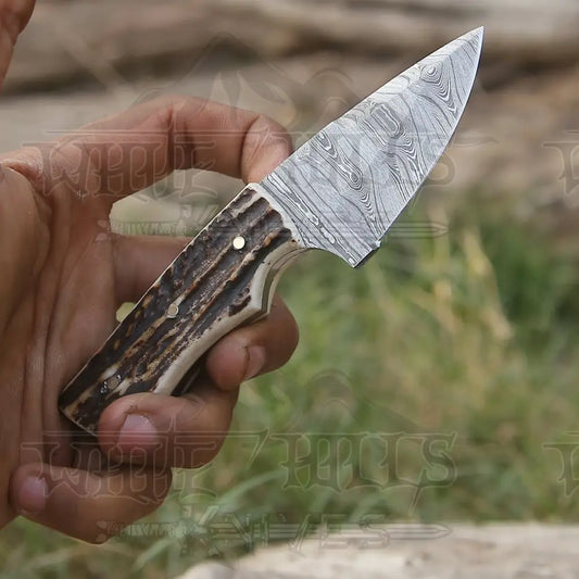 Handmade Damascus Steel Skinner Knife - Stag Antler Handle 5.5’ Full Tang