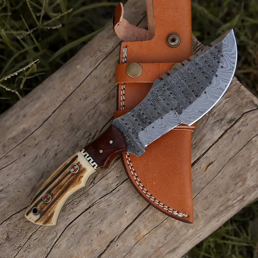 Handmade Forged Damascus Bushcraft Tracker Knife Full Tang - Stag Antler & Wood Handle Tracker Knife