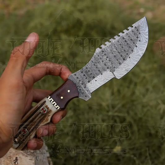 Handmade Forged Damascus Bushcraft Tracker Knife Full Tang - Stag Antler & Wood Handle Tracker Knife