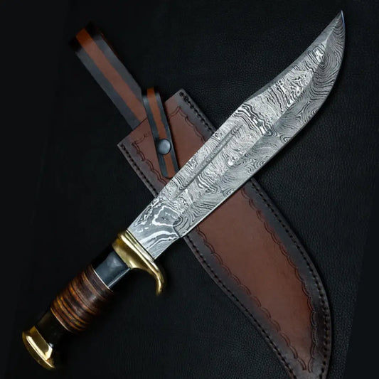 Handmade Forged Damascus Steel Hunting Bowie Rambo Knife Bull Horn & Leather