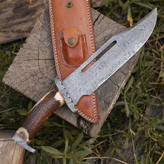 Handmade Forged Damascus Steel Hunting Bowie Rambo Knife Deer Stag Antler Edc Wh 4407