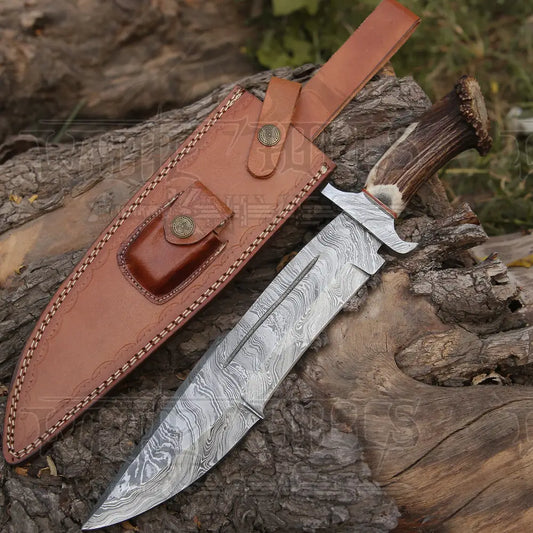 Handmade Forged Damascus Steel Hunting Bowie Rambo Knife Deer Stag Crown Handle