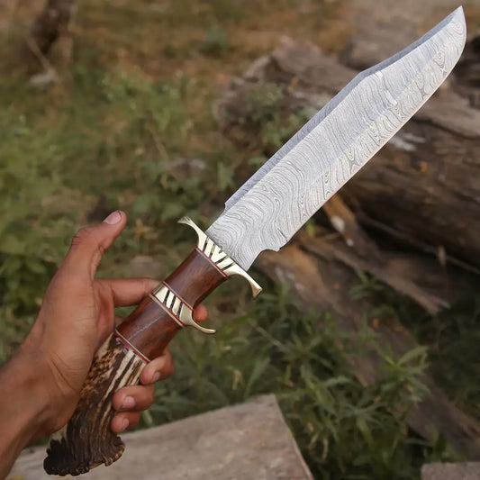 Handmade Forged Damascus Steel Hunting Bowie Rambo Knife Made In Usa With Deer Crown Stag Handle