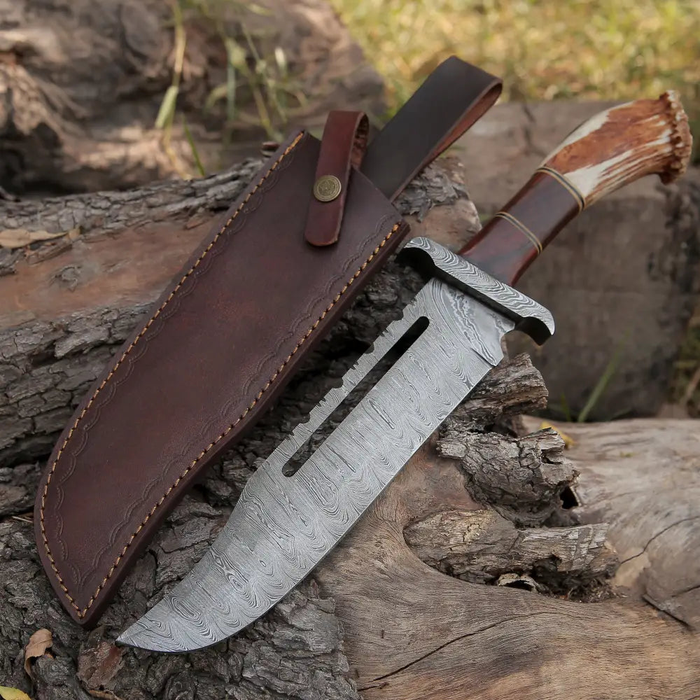 Handmade Damascus Steel Hunting Bowie Rambo Knife With Deer Stag Antler 44H – White Hills Knives