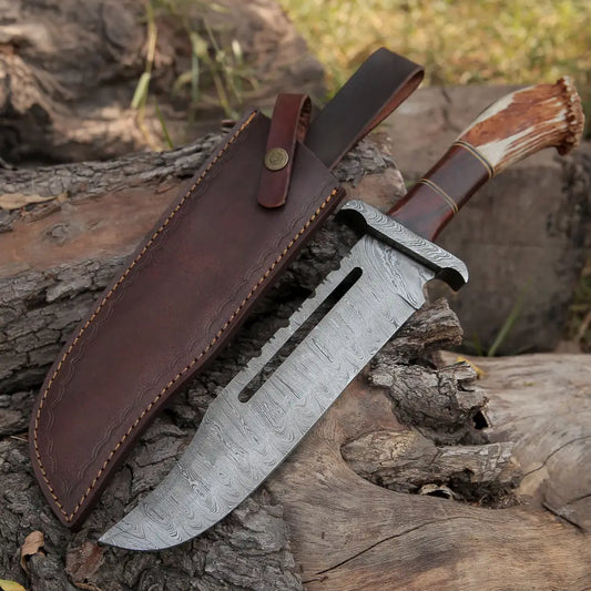 Handmade Forged Damascus Steel Hunting Bowie Rambo Knife With Deer Stag Antler Handle Wh 44H