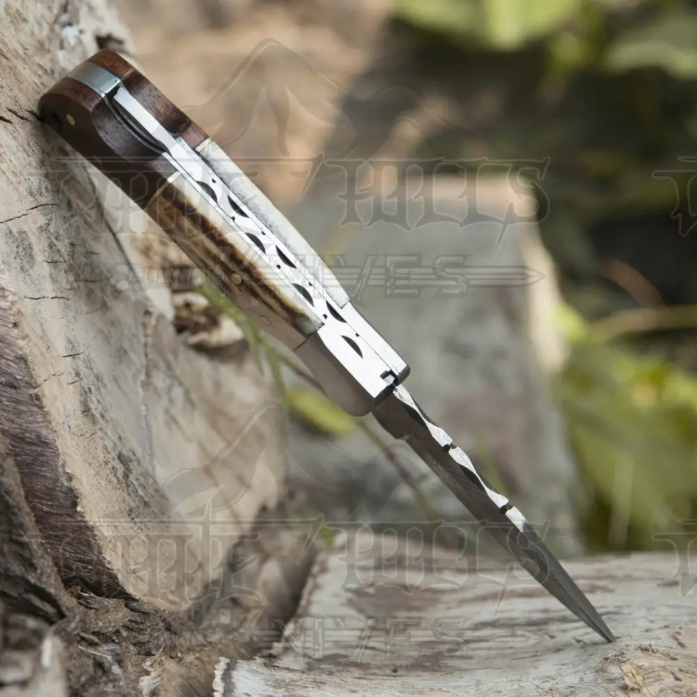 Handmade Forged Damascus Steel Hunting Camping Folding Pocket Knife With Stag Antler & Cocobolo Wood