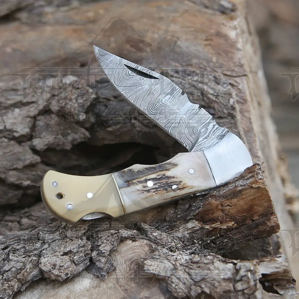 Handmade Forged Damascus Steel Hunting Folding Camping Pocket Knife With Stag Antler Camel Bone &