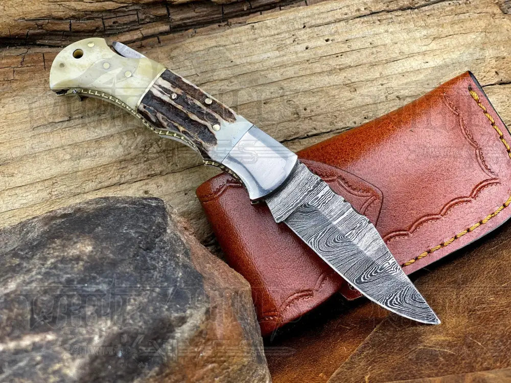 Handmade Forged Damascus Steel Hunting Folding Camping Pocket Knife With Stag Antler Camel Bone &