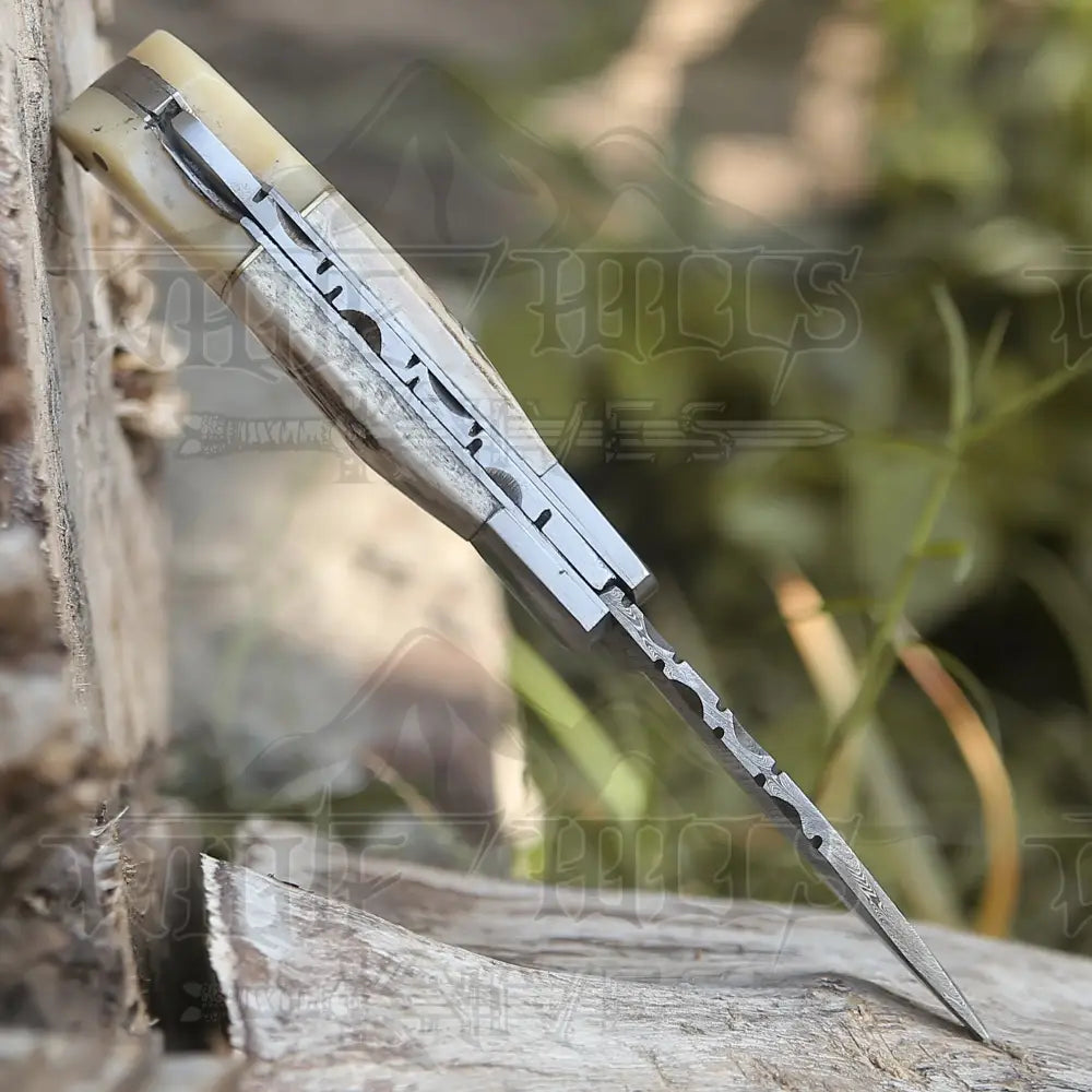 Handmade Forged Damascus Steel Hunting Folding Camping Pocket Knife With Stag Antler Camel Bone &