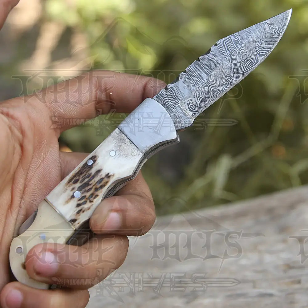 Handmade Forged Damascus Steel Hunting Folding Camping Pocket Knife With Stag Antler Camel Bone &