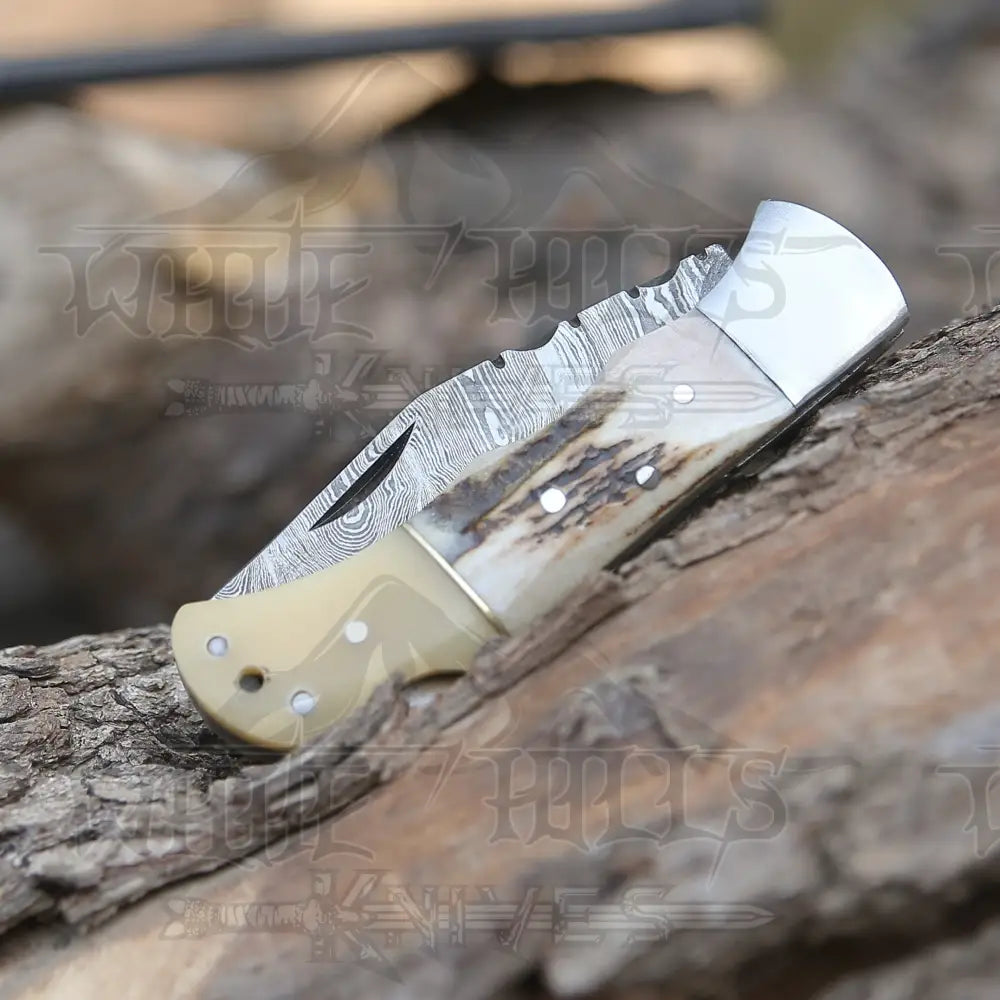 Handmade Forged Damascus Steel Hunting Folding Camping Pocket Knife With Stag Antler Camel Bone &