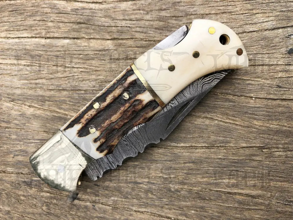 Handmade Forged Damascus Steel Hunting Folding Camping Pocket Knife With Stag Antler Camel Bone &