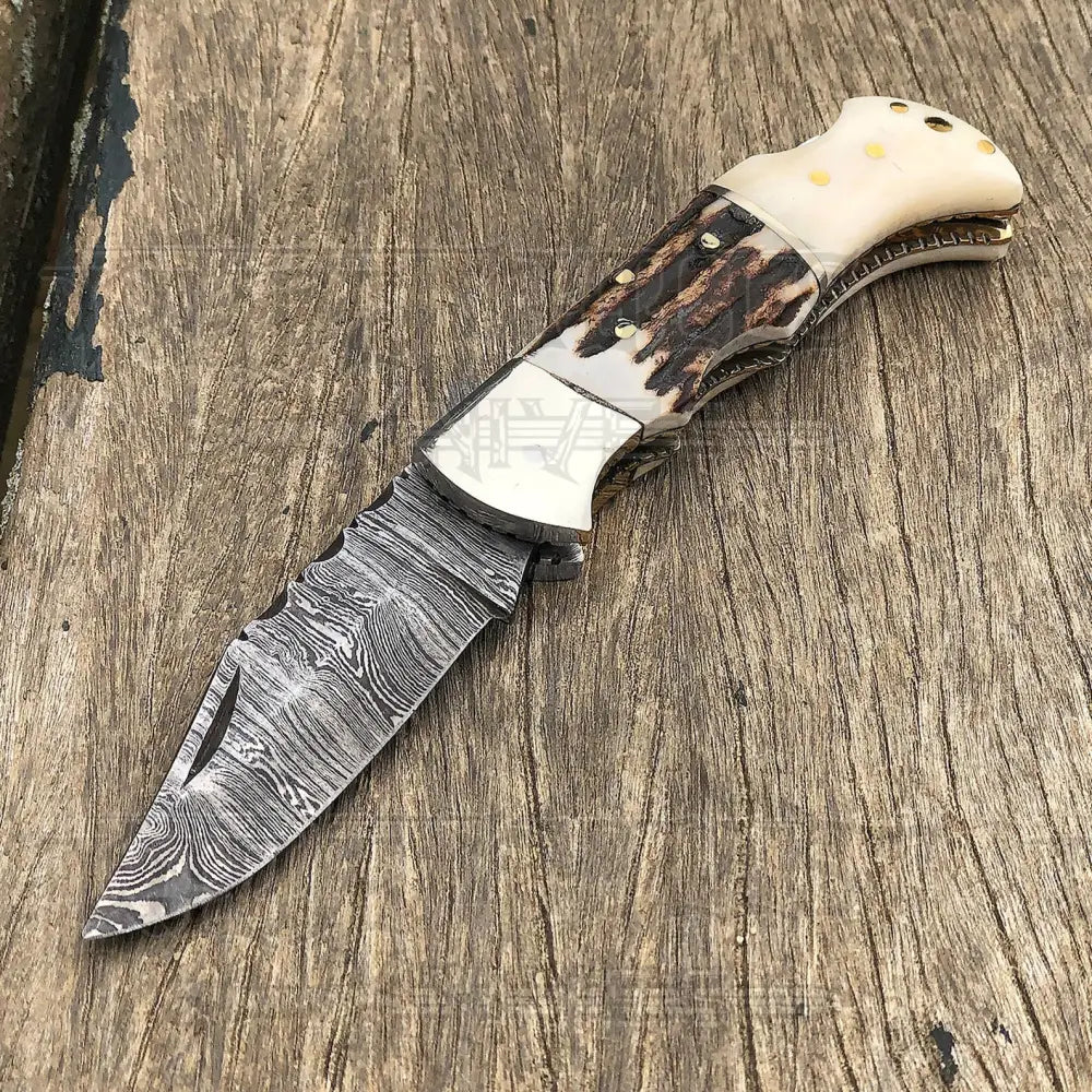 Handmade Forged Damascus Steel Hunting Folding Camping Pocket Knife With Stag Antler Camel Bone &