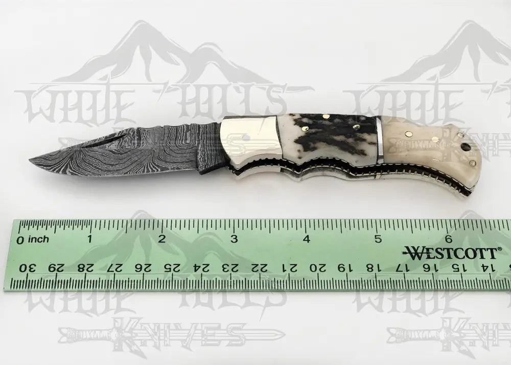 Handmade Forged Damascus Steel Hunting Folding Camping Pocket Knife With Stag Antler Camel Bone &