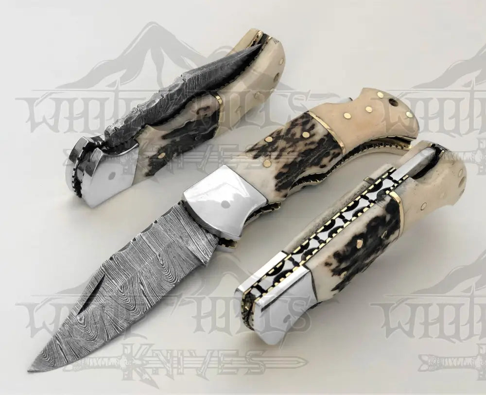 Handmade Forged Damascus Steel Hunting Folding Camping Pocket Knife With Stag Antler Camel Bone &