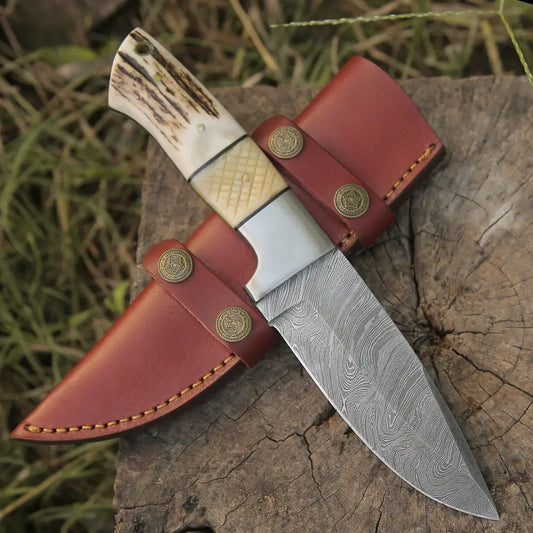 Handmade Forged Damascus Steel Hunting Skinner Knife Edc 9 -V3 With Stag Antler & Engraved Camel