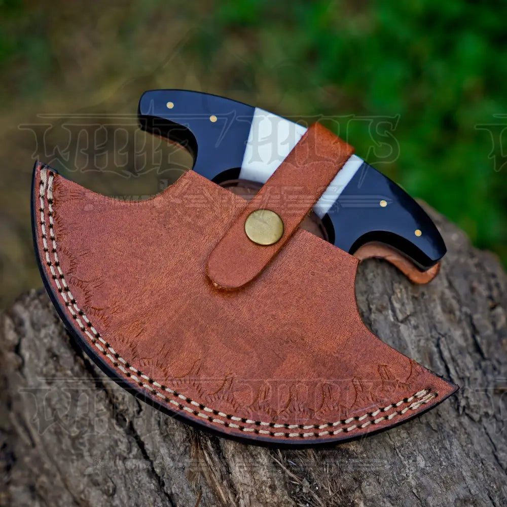 Handmade Forged Damascus Ulu Knife - Bone & Horn Handle - Alaskan Knife