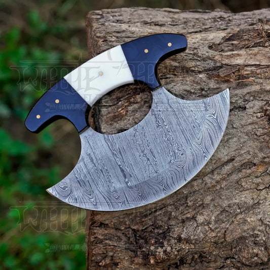 Handmade Forged Damascus Ulu Knife - Bone & Horn Handle - Alaskan Knife