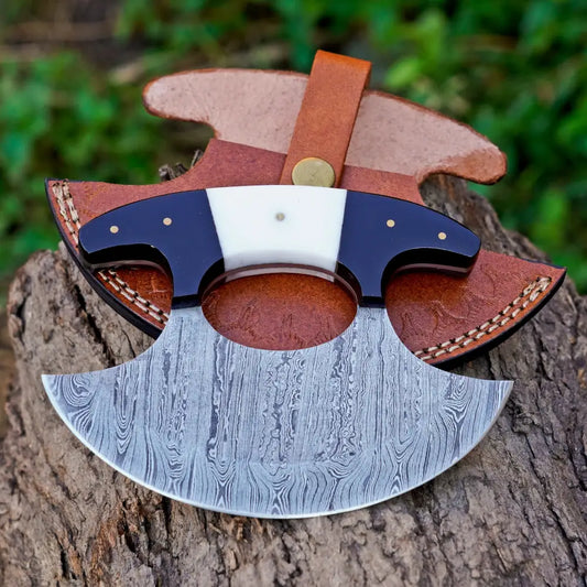 Handmade Forged Damascus Ulu Knife - Bone & Horn Handle - Alaskan Knife