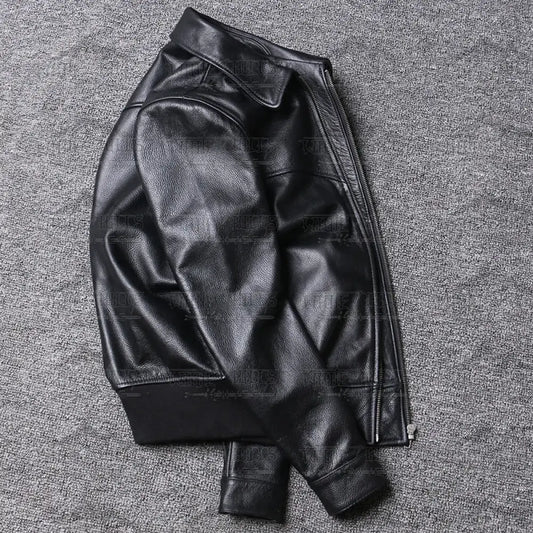 Lapel Baseball Genuine Cowhide Leather Jacket Mens