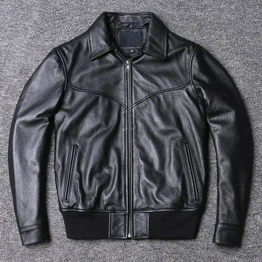 Lapel Baseball Genuine Cowhide Leather Jacket Mens