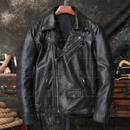Mystical Protective Gear Cowhide Oblique Zipper Motorcycle Jacket Leather